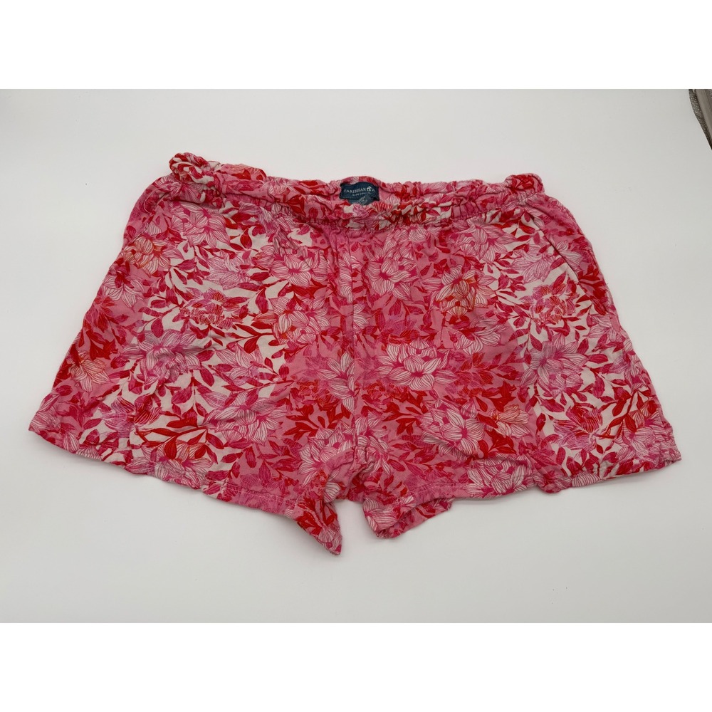 Caribbean Joe Womens Pink Red Floral Rayon Pull On Shorts Size Medium Tropical
